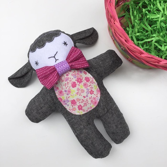 Three cute little stuffed animals: bunny, bear and lambkin, a new softie pattern by Nadra Ridgeway of ellis & higgs