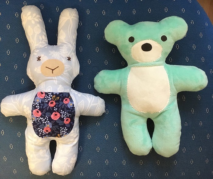 Three cute little stuffed animals: bunny, bear and lambkin, a new softie pattern by Nadra Ridgeway of ellis & higgs