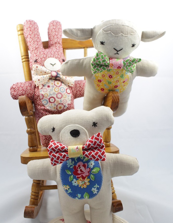 Three cute little stuffed animals: bunny, bear and lambkin, a new softie pattern by Nadra Ridgeway of ellis & higgs