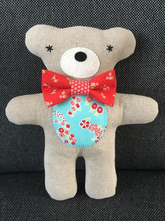 Three cute little stuffed animals: bunny, bear and lambkin, a new softie pattern by Nadra Ridgeway of ellis & higgs