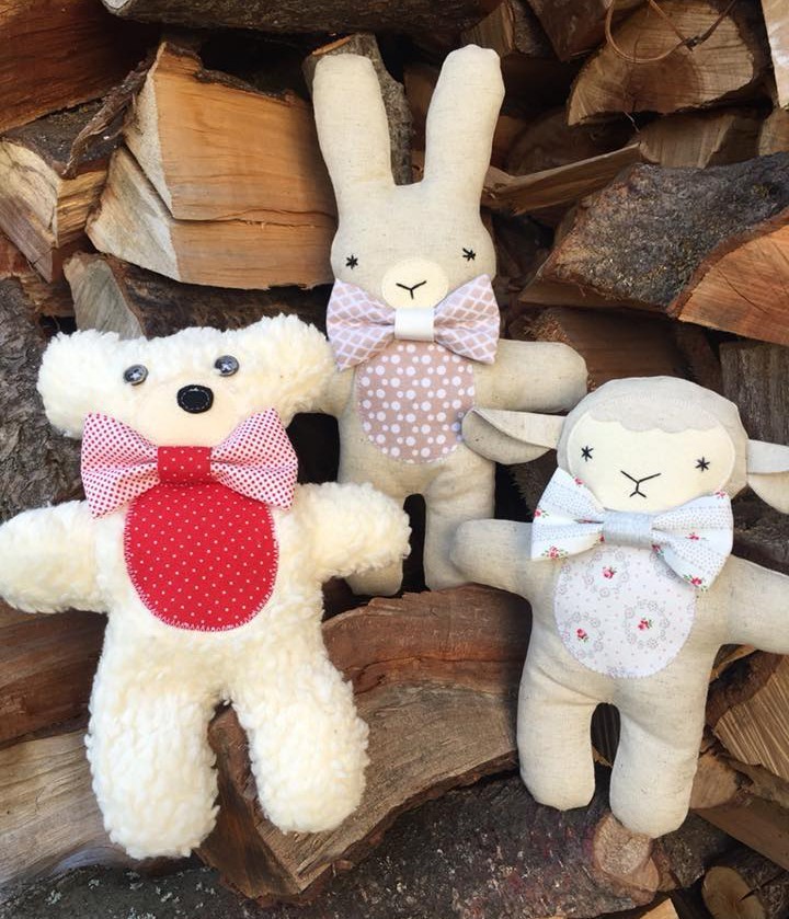 Three cute little stuffed animals: bunny, bear and lambkin, a new softie pattern by Nadra Ridgeway of ellis & higgs