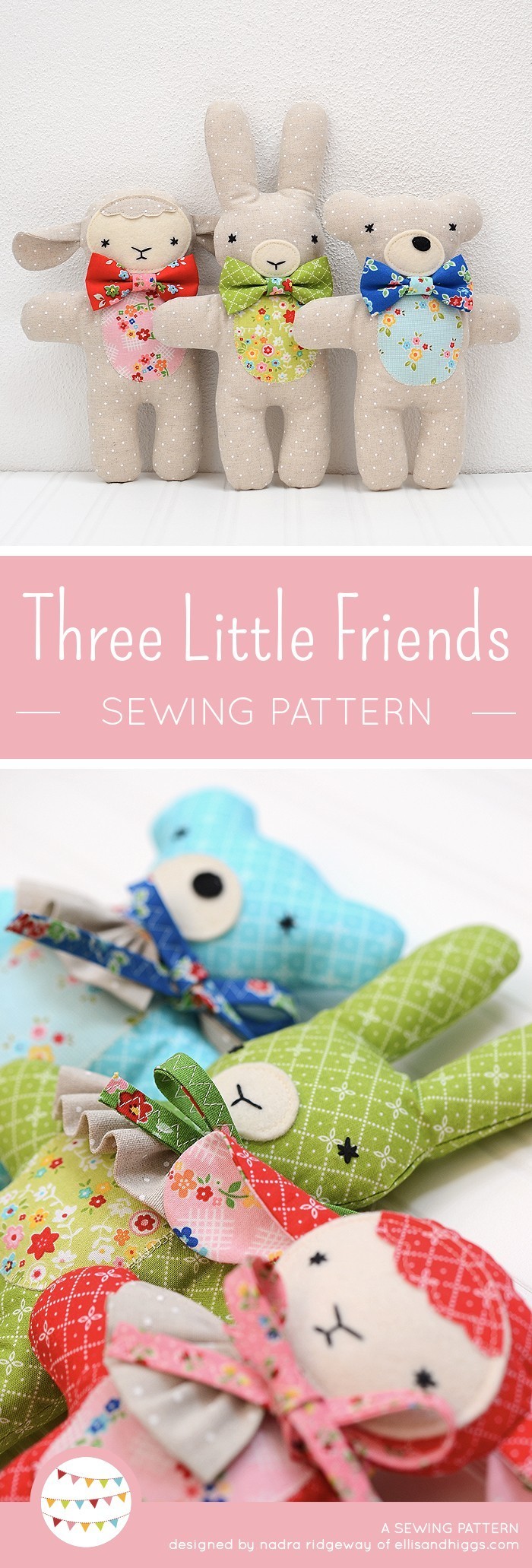 Three handmade stuffed animals, a bear, lamb and bunny. Drei handgemachte Kuscheltiere, Hase, Bär und Lämmchen. Softie pattern by / Nähanleitung von Nadra Ridgeway, ellis & higgs