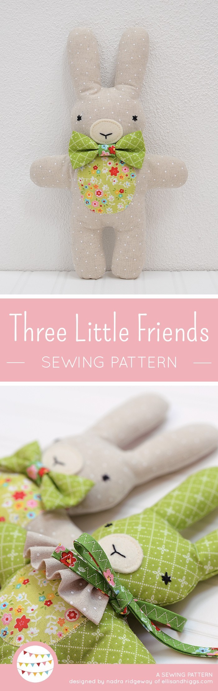 Three handmade stuffed animals, a bear, lamb and bunny. Drei handgemachte Kuscheltiere, Hase, Bär und Lämmchen. Softie pattern by / Nähanleitung von Nadra Ridgeway, ellis & higgs