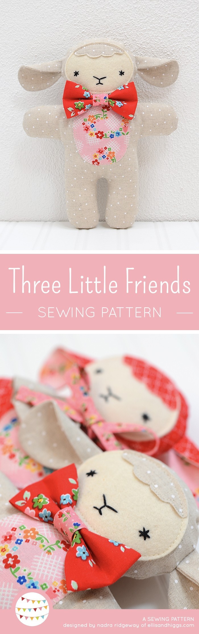 Three handmade stuffed animals, a bear, lamb and bunny. Drei handgemachte Kuscheltiere, Hase, Bär und Lämmchen. Softie pattern by / Nähanleitung von Nadra Ridgeway, ellis & higgs