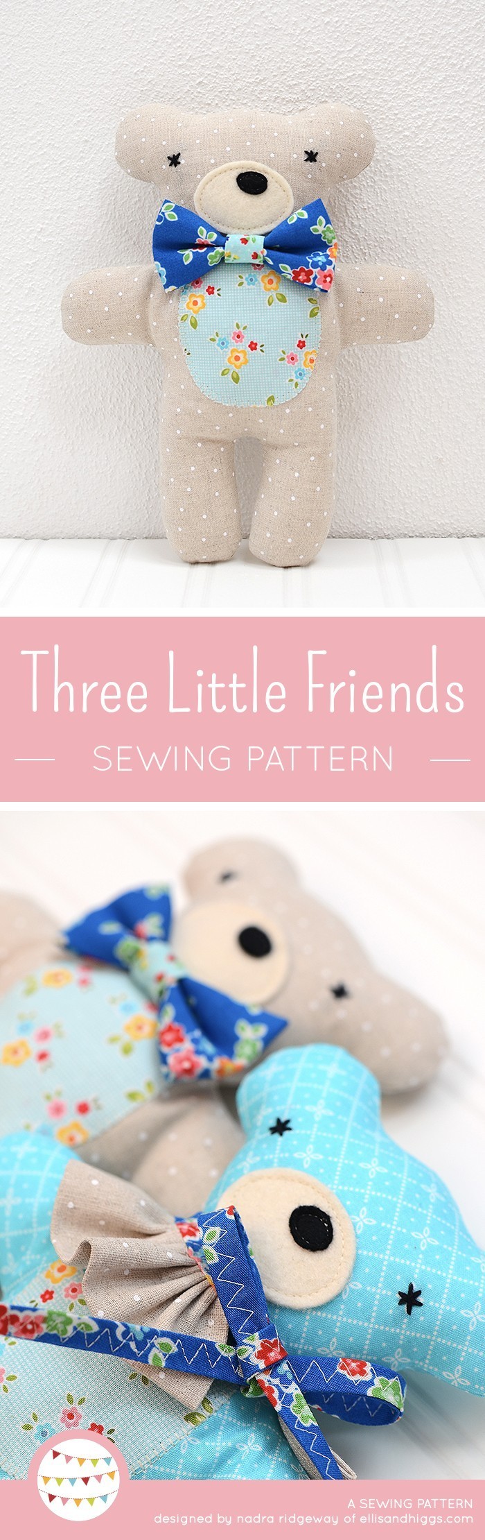 Three handmade stuffed animals, a bear, lamb and bunny. Drei handgemachte Kuscheltiere, Hase, Bär und Lämmchen. Softie pattern by / Nähanleitung von Nadra Ridgeway, ellis & higgs