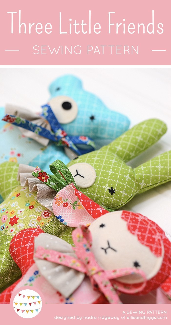 Three handmade stuffed animals, a bear, lamb and bunny. Drei handgemachte Kuscheltiere, Hase, Bär und Lämmchen. Softie pattern by / Nähanleitung von Nadra Ridgeway, ellis & higgs