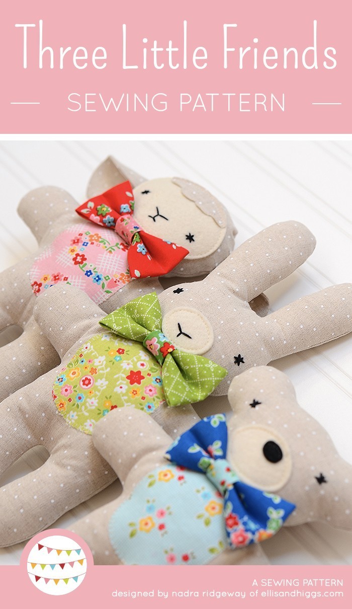 Three handmade stuffed animals, a bear, lamb and bunny. Drei handgemachte Kuscheltiere, Hase, Bär und Lämmchen. Softie pattern by / Nähanleitung von Nadra Ridgeway, ellis & higgs