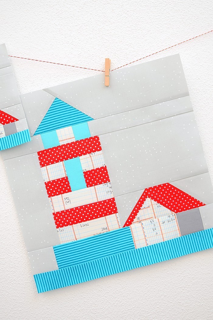 12 Inch Lighthouse quilt block hanging on a wall