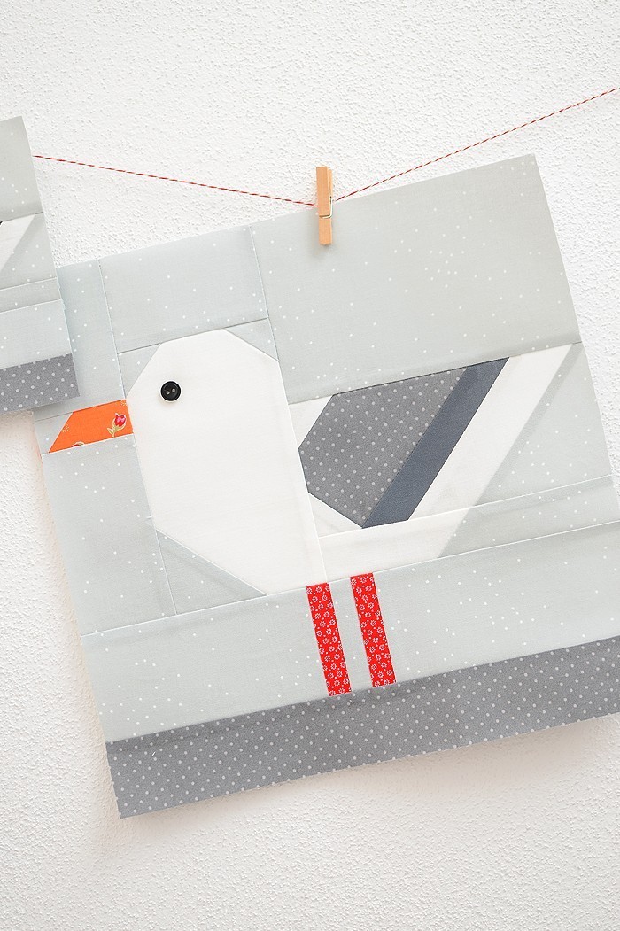 12 Inch Seagull quilt block hanging on a wall