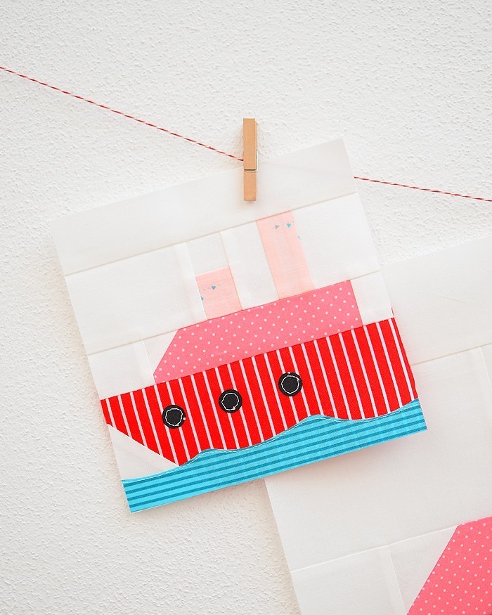 6 Inch Steam ship quilt block hanging on a wall