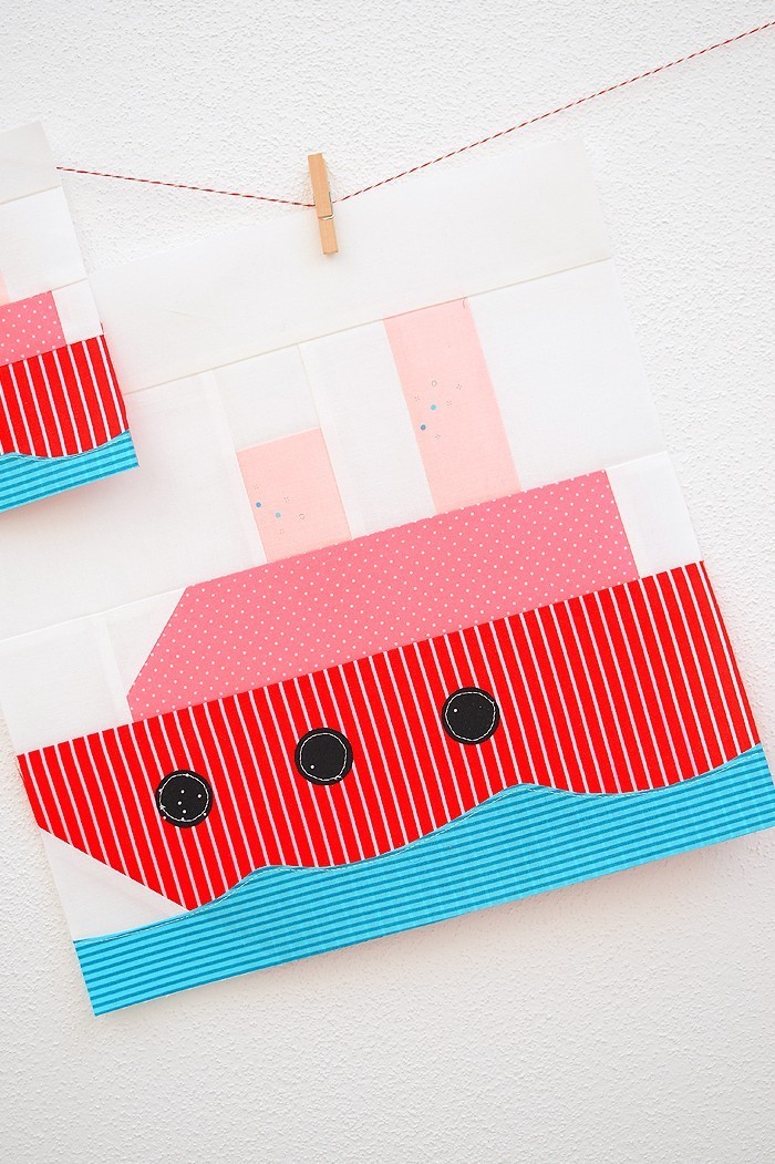 12 Inch Steam ship quilt block hanging on a wall