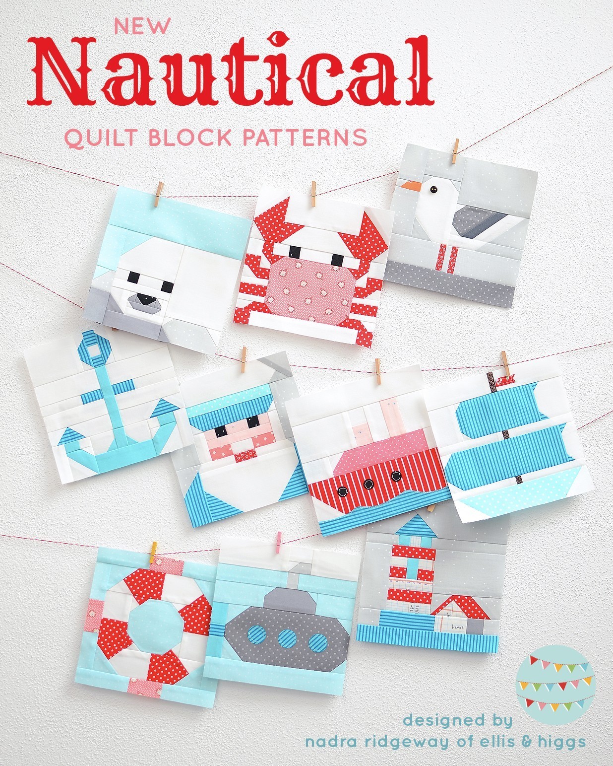 Ten nautical quilt blocks hanging on the wall.