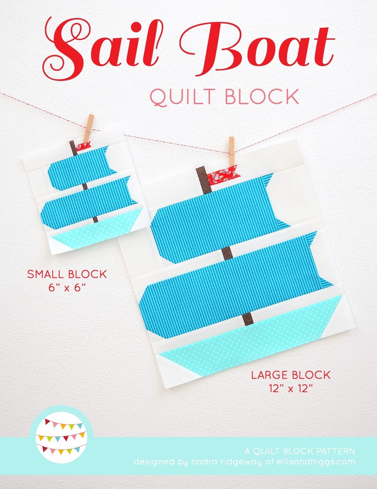 Sail boat quilt block in two sizes hanging on a wall