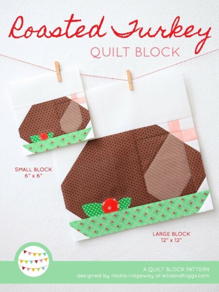 Roasted Turkey quilt block in two sizes hanging on a wall