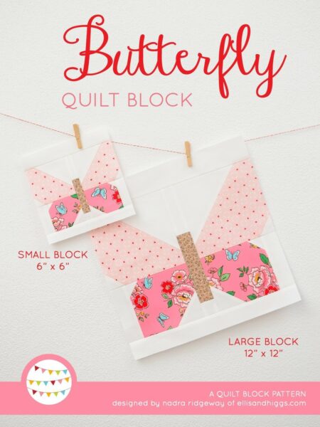 Butterfly quilt block in two sizes hanging on a wall