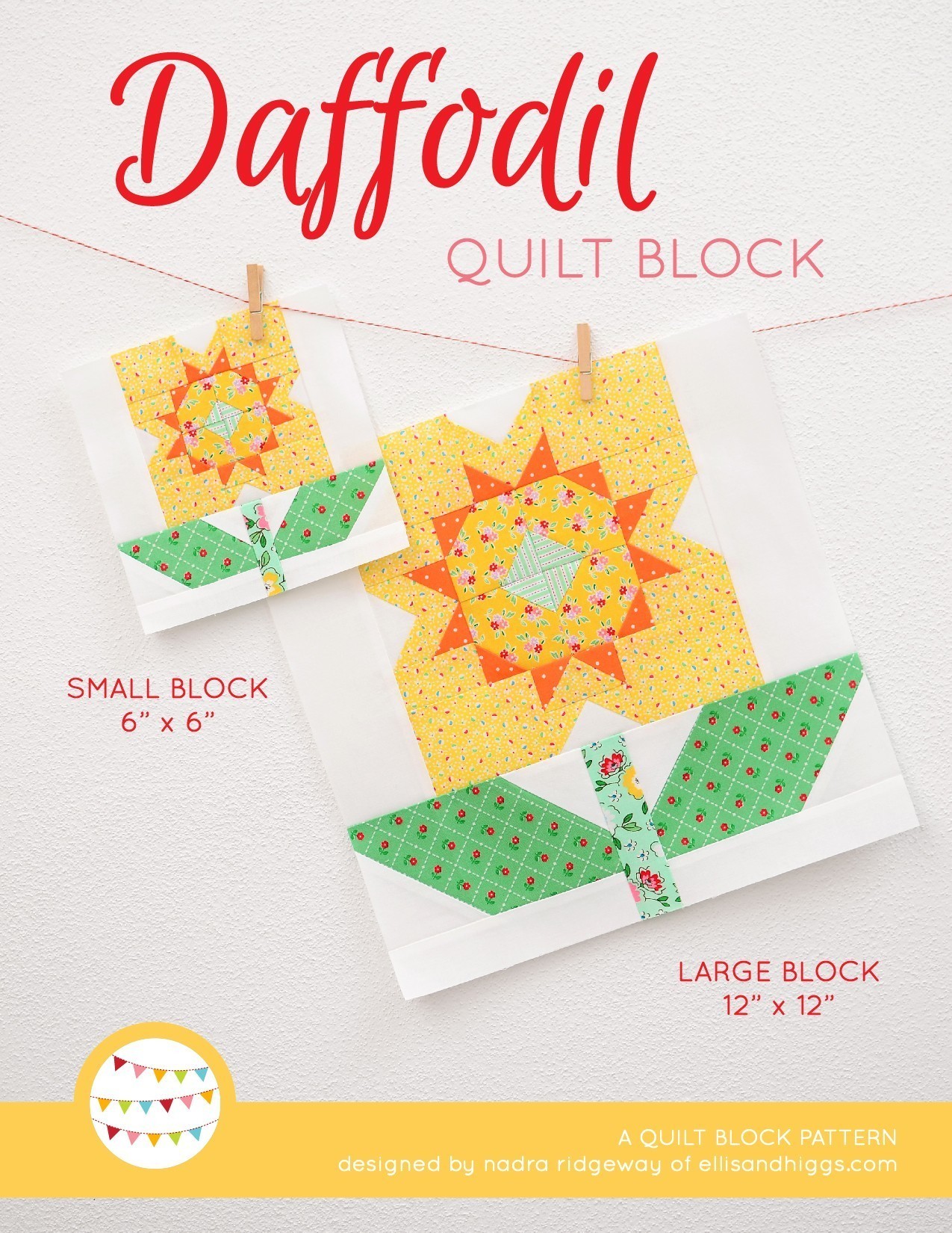 Daffodil quilt block in two sizes hanging on a wall