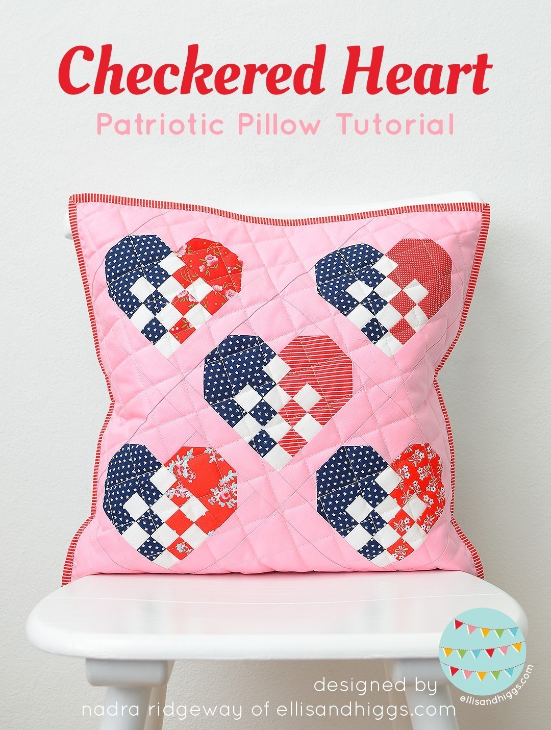 Patriotic pillow with hearts in red, white and blue