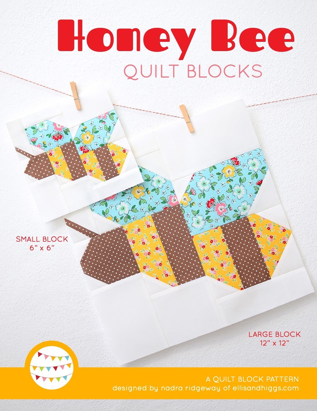 Honey Bee quilt block in two sizes hanging on a wall