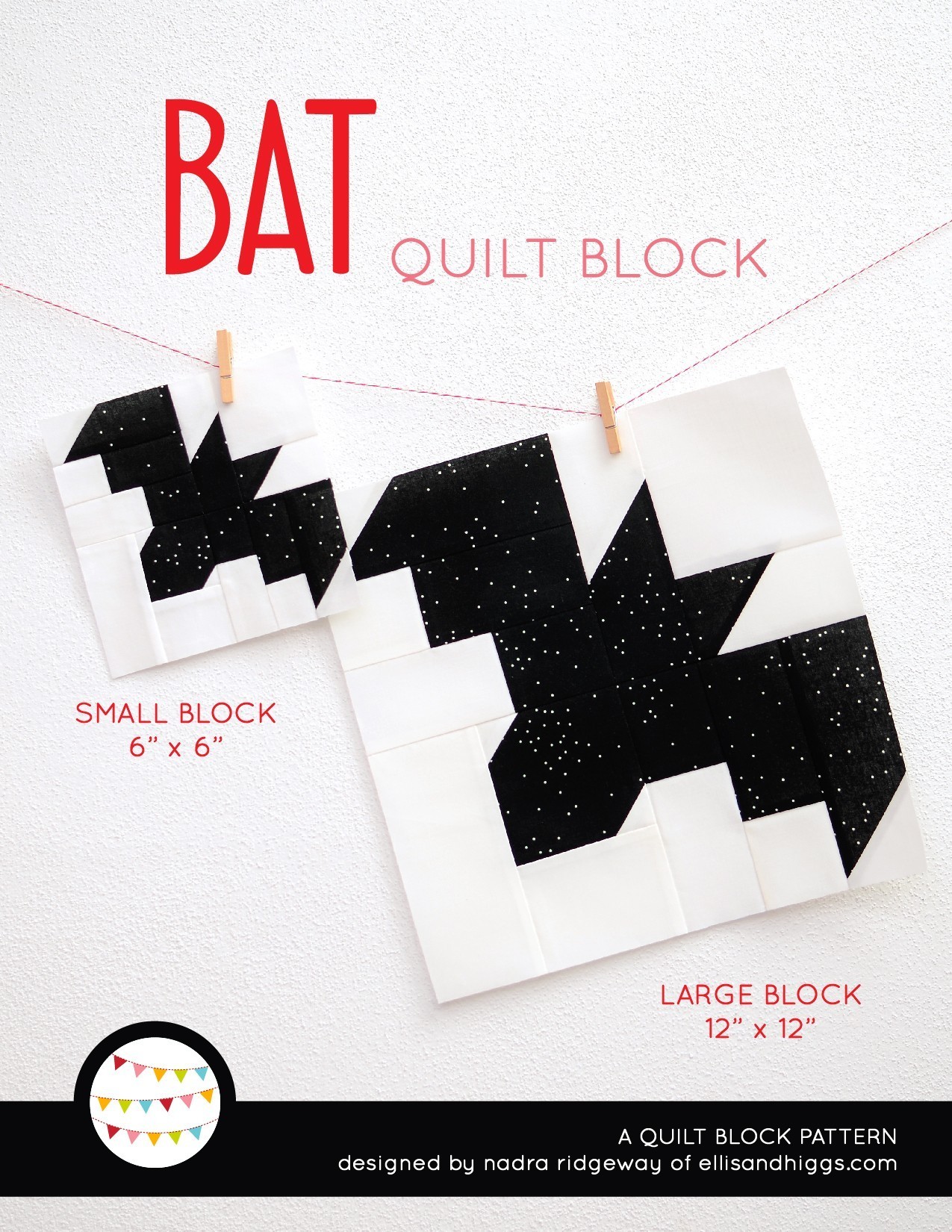 Bat quilt block in two sizes hanging on a wall