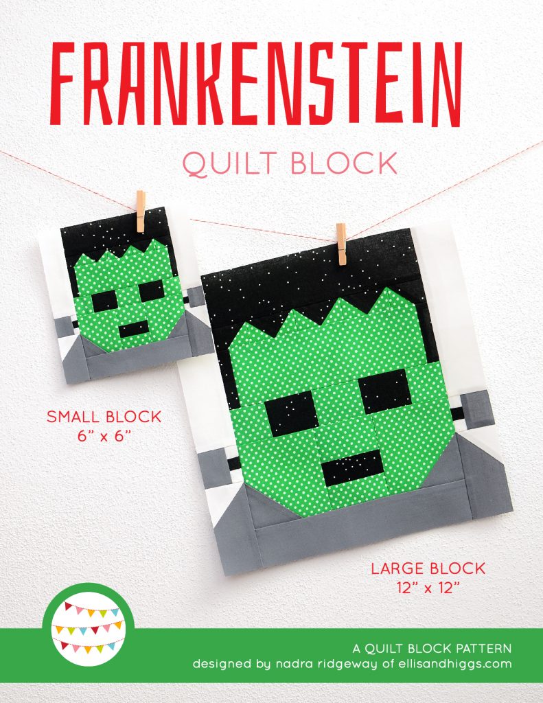Frankenstein quilt block in two sizes hanging on a wall