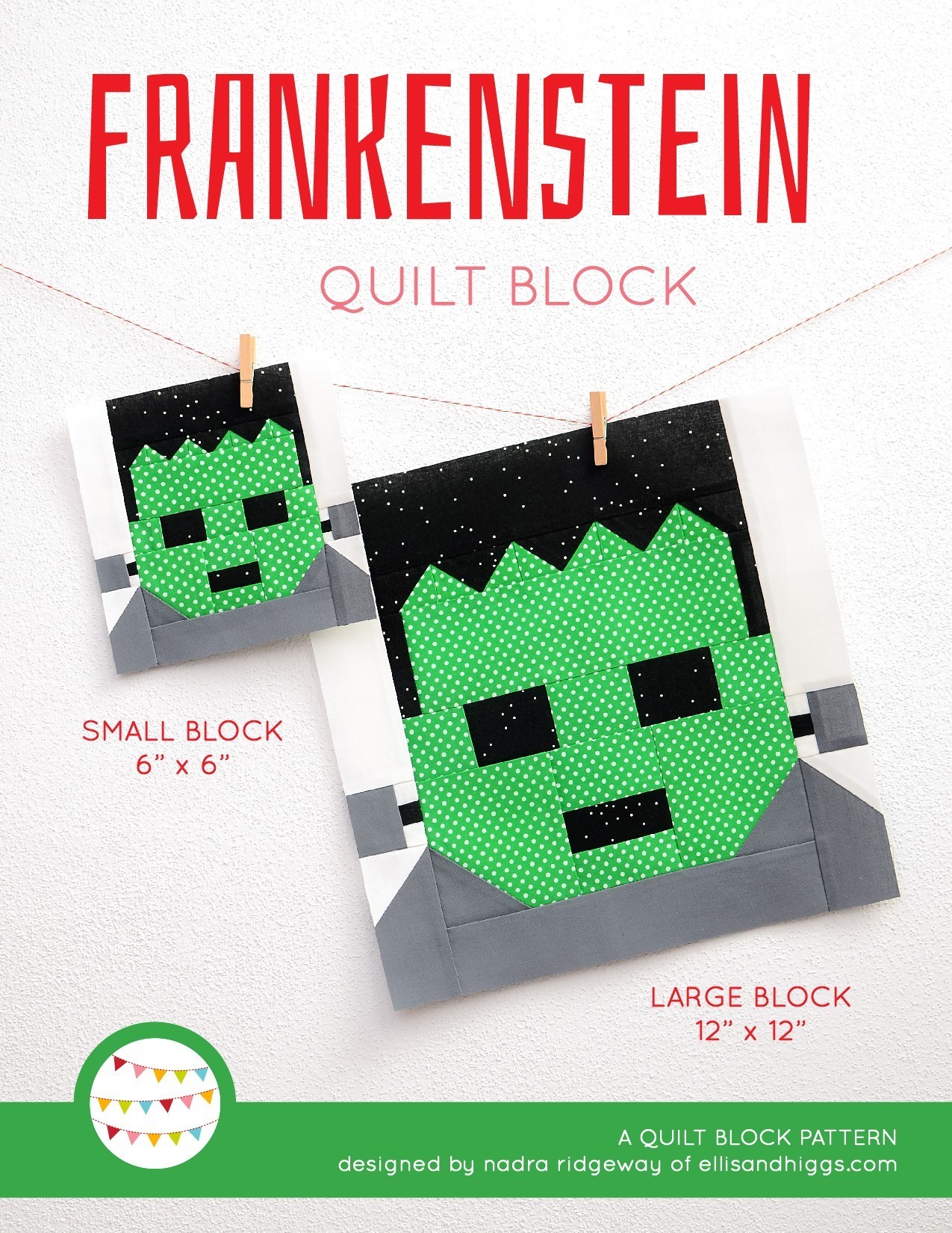 Frankenstein quilt block in two sizes hanging on a wall