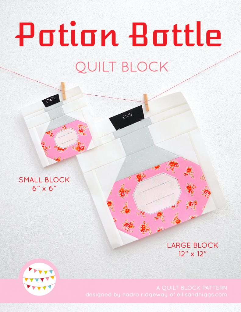 Potion Bottle quilt block in two sizes hanging on a wall