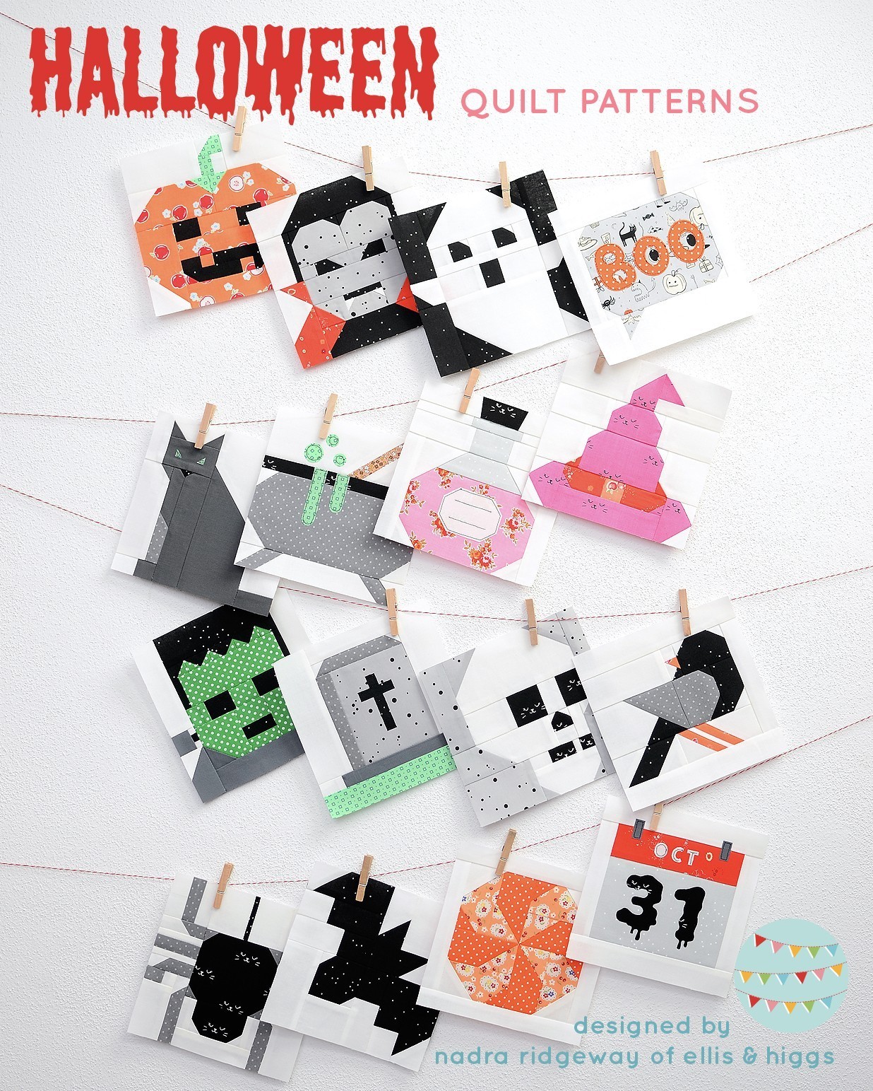 Sixteen Halloween quilt patterns hanging the wall.