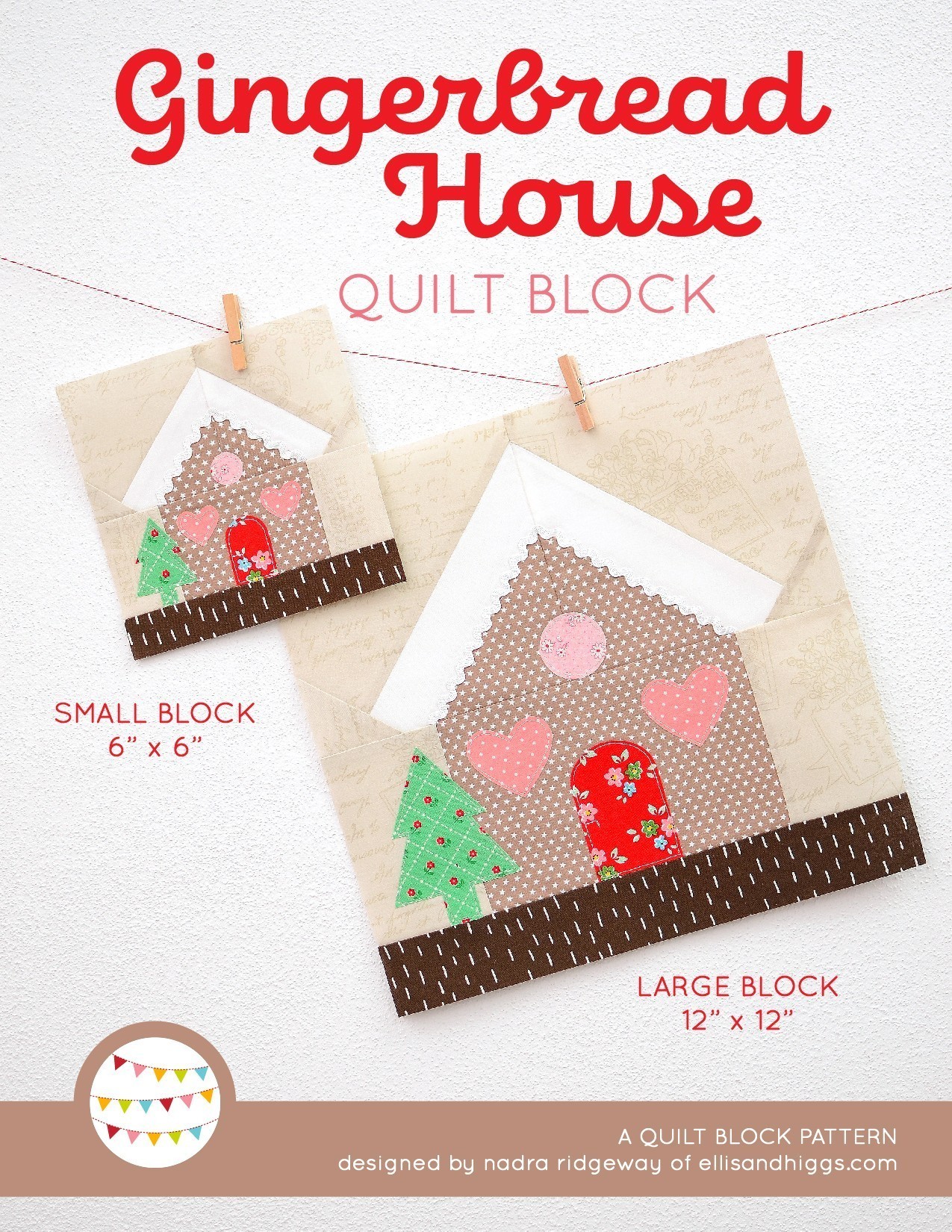 Gingerbread House quilt block in two sizes hanging on a wall - Christmas quilt pattern